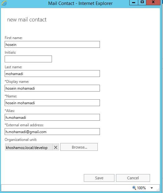 آموزش مایکروسافت exchange server 2016 - بخش Contacts - ایجاد mail Contacts . آموزشگاه رایگان خوش آموز