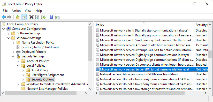 آموزش Local Group Policy - بخش Security Options - پالیسی Microsoft network server: Server SPN target name validation level . آموزشگاه رایگان خوش آموز