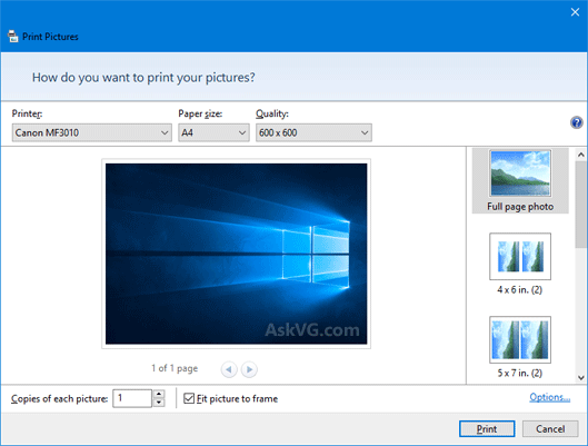 عدم نمایش پنجره چاپ هنگام پرینت از عکس ها در ویندوز  . آموزشگاه رایگان خوش آموز