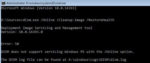 رفع ارور error 50, DISM does not support servicing Windows PE with the /Online option . آموزشگاه رایگان خوش آموز