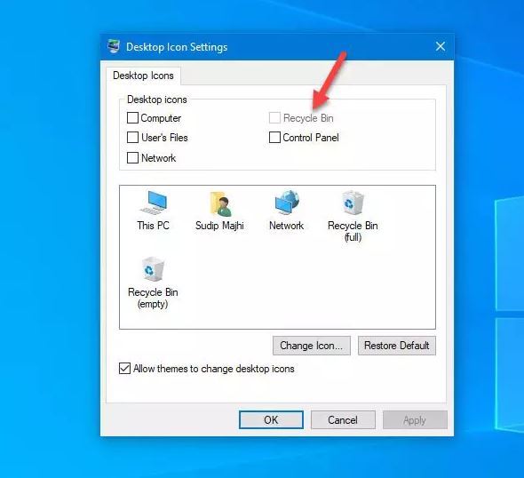 غیرفعال بودن گزینه Recycle Bin در پنجره Desktop Icon Settings ویندوز 10 . آموزشگاه رایگان خوش آموز