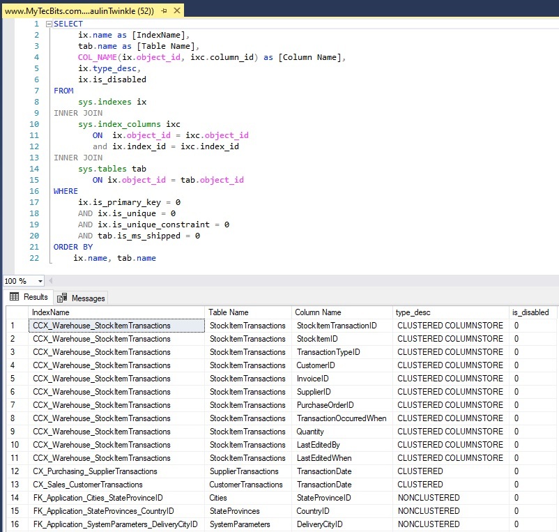 نحوه لیست کردن همه Index های یک دیتابیس در SQL Server . آموزشگاه رایگان خوش آموز