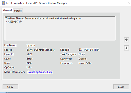 رفع مشکل Data Sharing Service service terminated with error %%3239247874- eventID 7023 . آموزشگاه رایگان خوش آموز